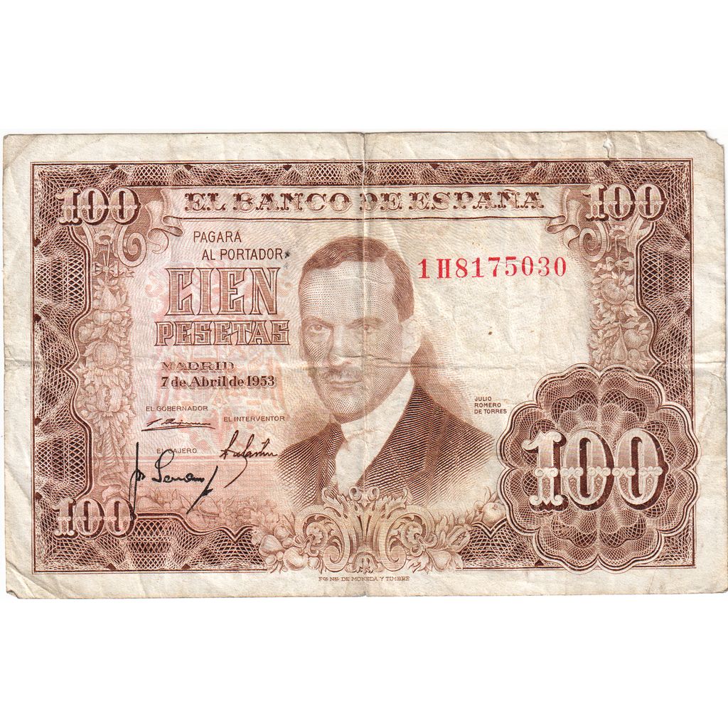 Spain, 100 Pesetas, 1953-04-07, VF(20-25)
