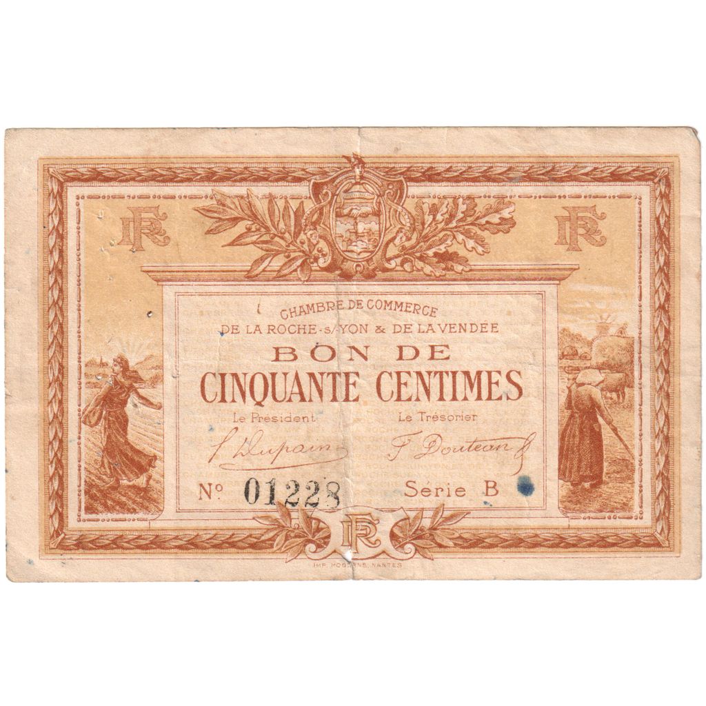 France, La Roche-sur-Yon, 50 Centimes, Bon de, VF(30-35), Pirot:65-1