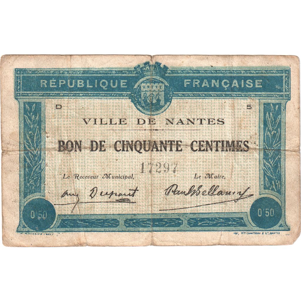Francia, Nantes, 50 Centimes, Bon Pour, B+, Pirot:44-13