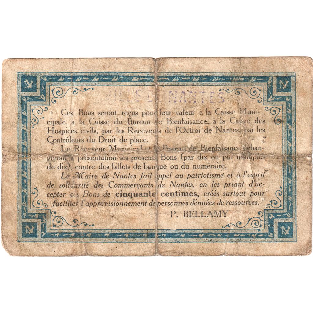 Francia, Nantes, 50 Centimes, Bon Pour, B+, Pirot:44-13