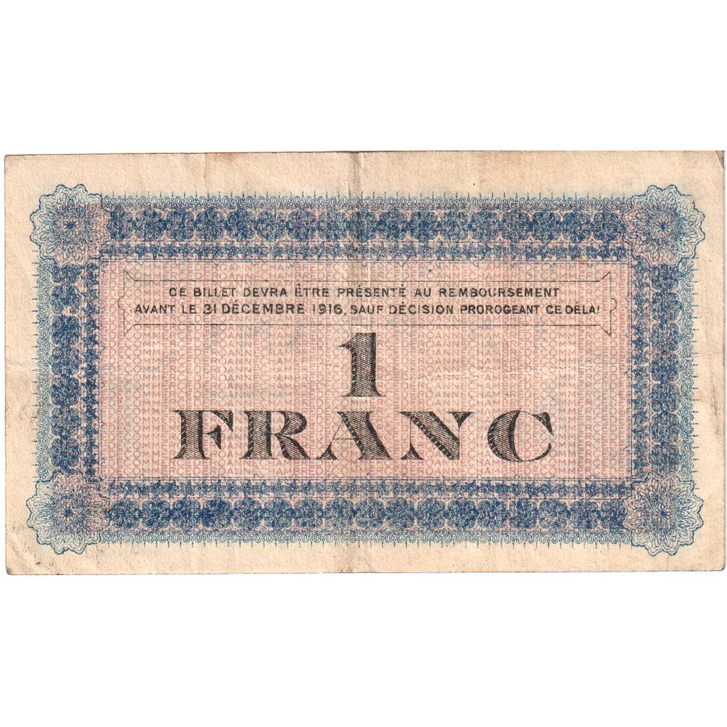 França, Roanne., 1 Franc, 1915-06-28, Chambre de Commerce, VF(20-25)