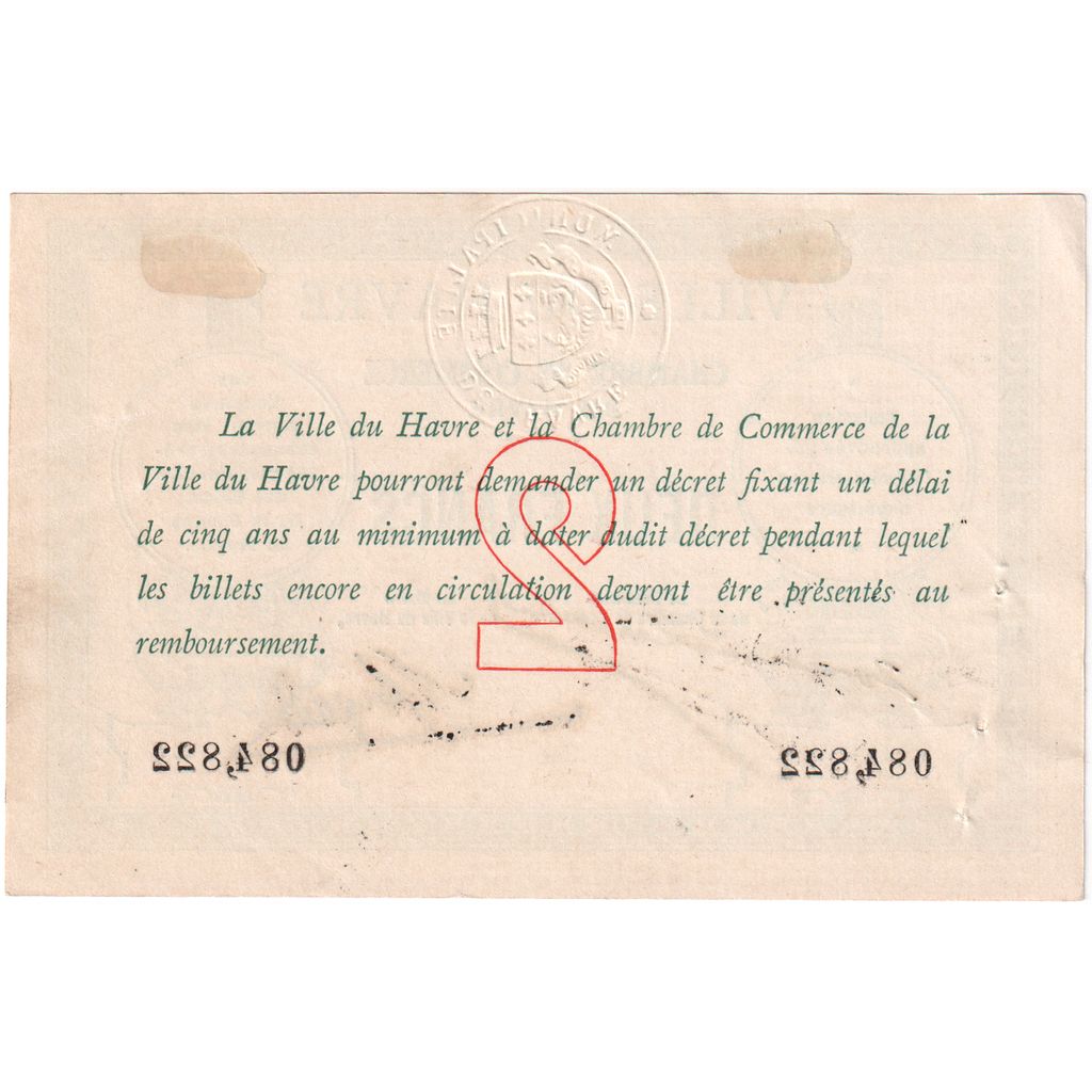 Frankrijk, Le Havre, 2 Francs, 1914, Chambre de Commerce, TB, Pirot:68-7