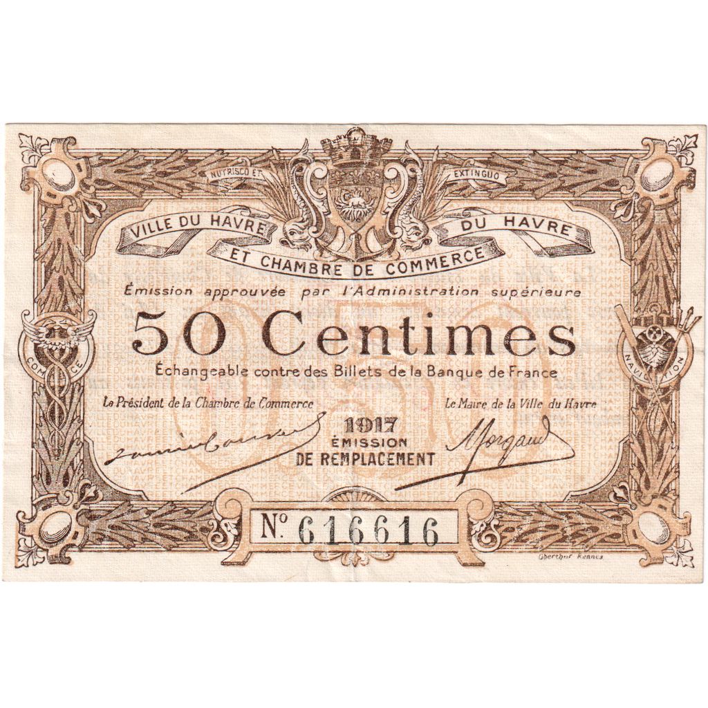 France, Le Havre, 50 Centimes, Undated (1917), Chambre de Commerce, TTB