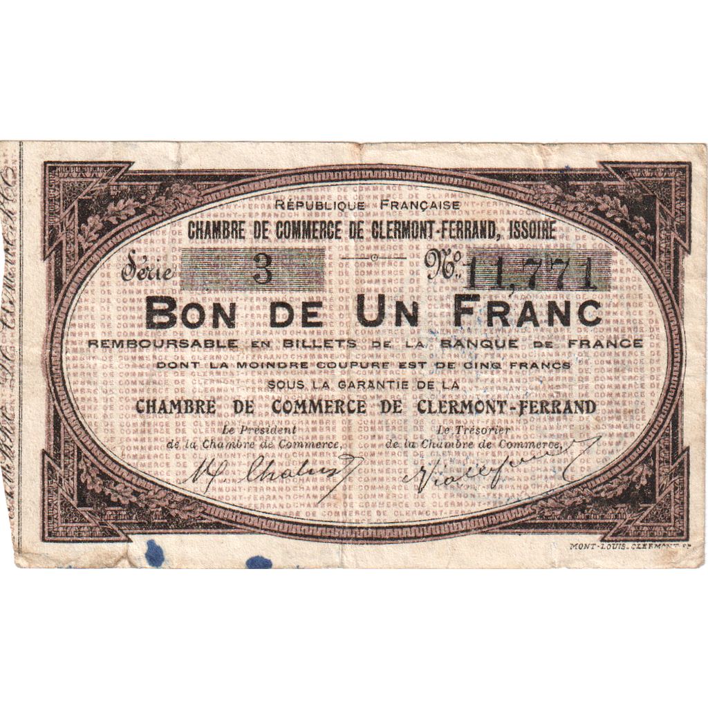 France, Clermont-Ferrand, 1 Franc, Chambre de Commerce, VF(20-25)