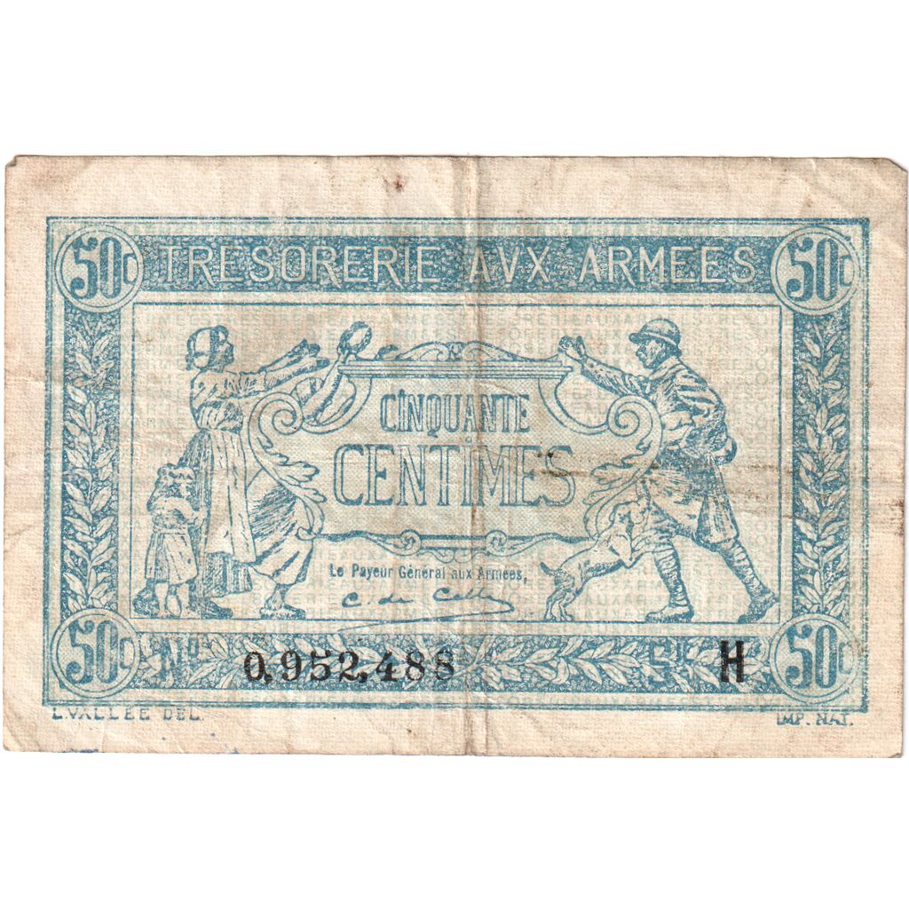 Francia, 50 Centimes, 1917-1919 Army Treasury, H, BC