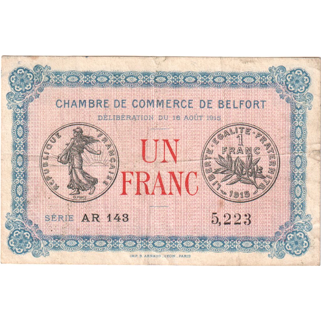 Francja, Belfort, 1 Franc, 1915-08-18, VF(30-35), Pirot:23-40