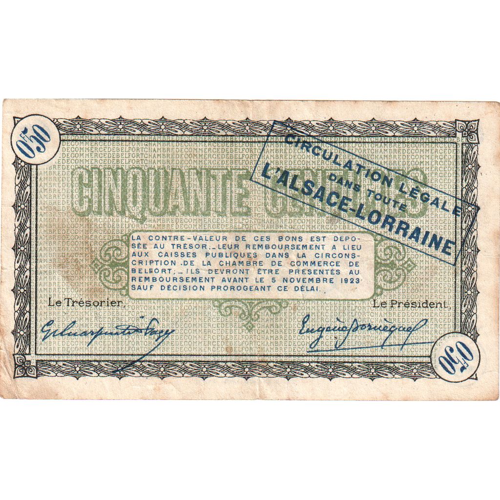 Frankreich, Belfort, 50 Centimes, 1918-11-04, S+, Pirot:23-41