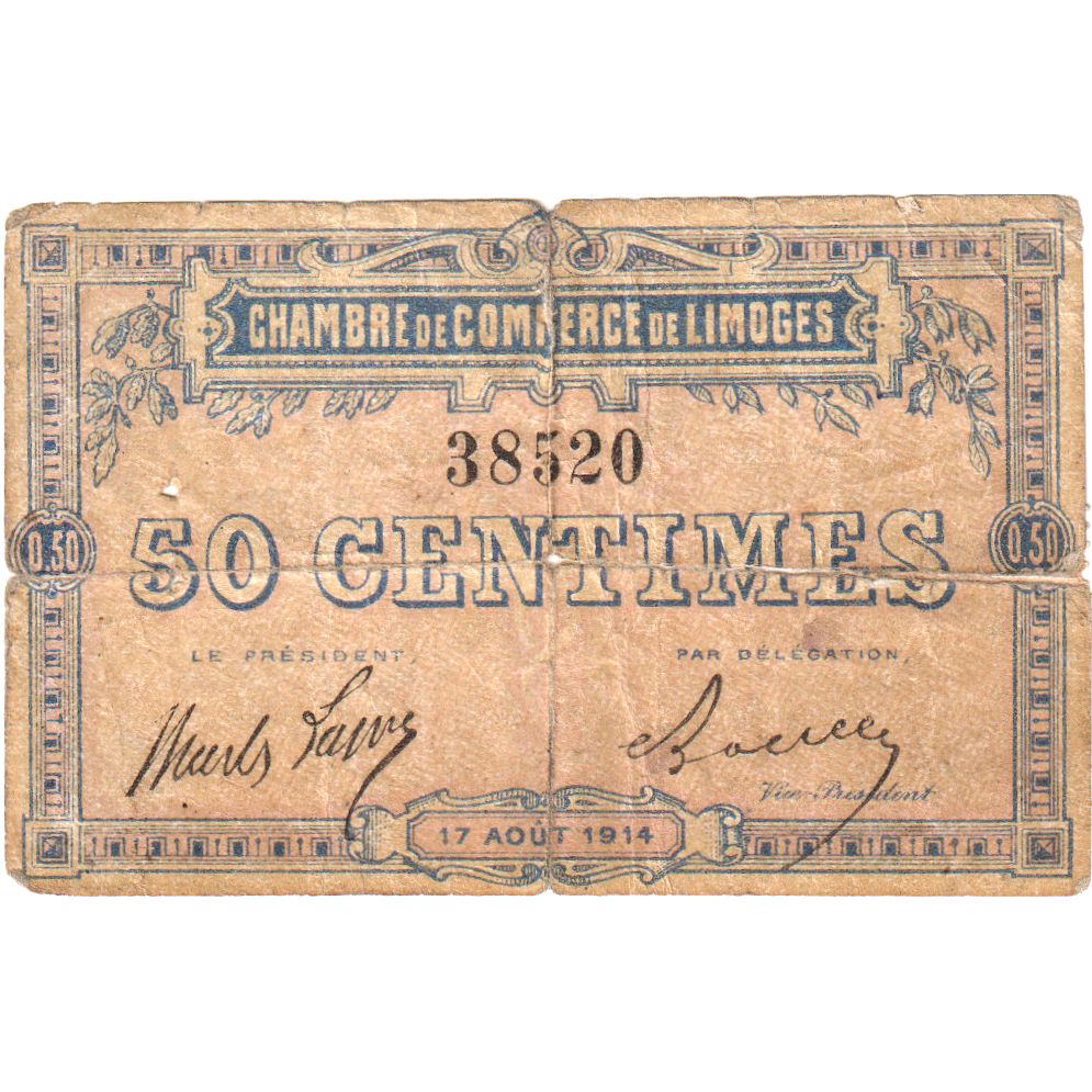 Francia, Limoges, 50 Centimes, 1914-08-17, B, Pirot:73-1