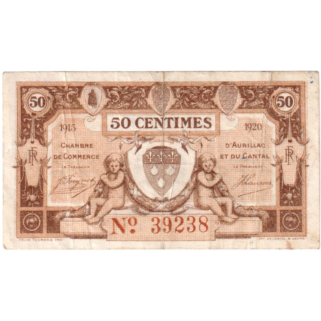 France, Aurillac, 50 Centimes, Undated (1915), Chambre de Commerce, VF(20-25)