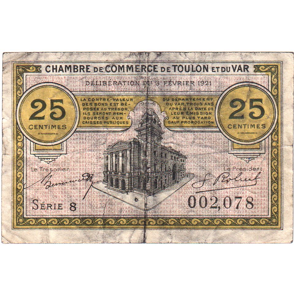 France, Toulon, 25 Centimes, 1921-02-03, Serie 8, VF(20-25)