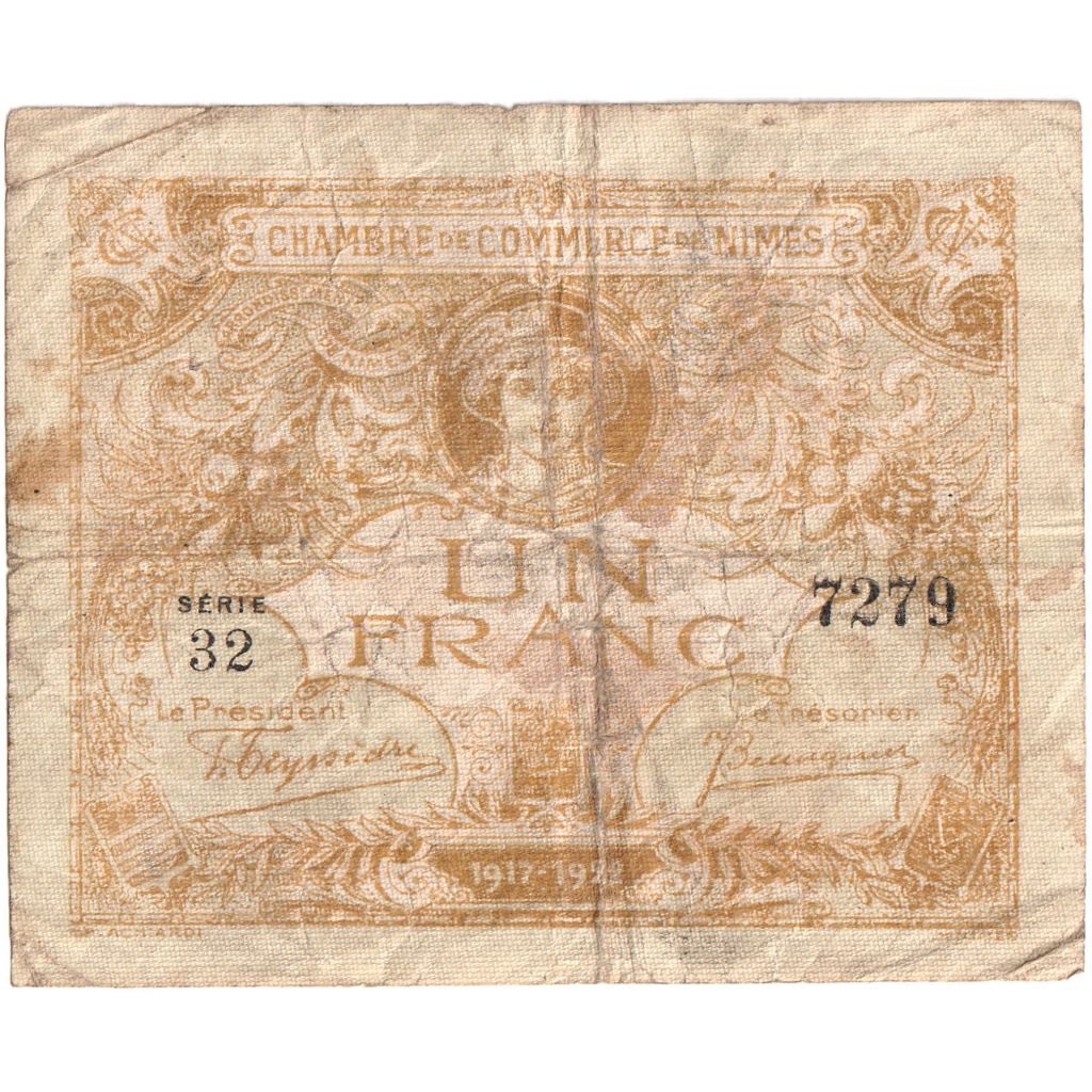 France, 1 Franc, 1922-12-31, SERIE 32, NIMES, VG(8-10)