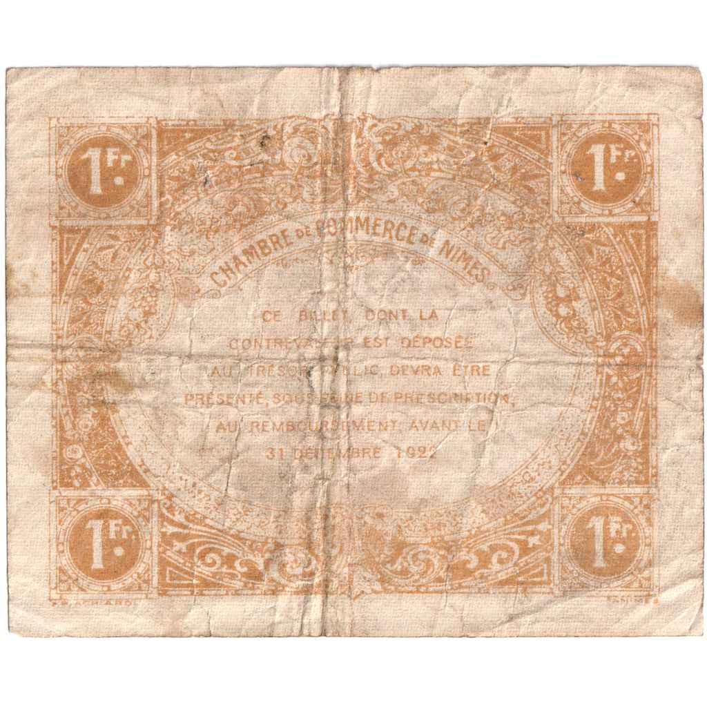 France, 1 Franc, 1922-12-31, SERIE 32, NIMES, VG(8-10)