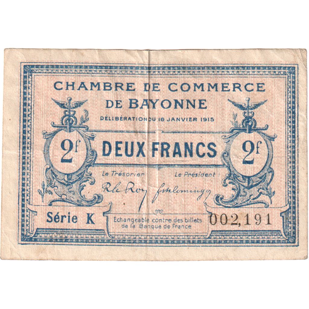 France, Bayonne, 2 Francs, 1915-01-16, Serie K, EF(40-45)