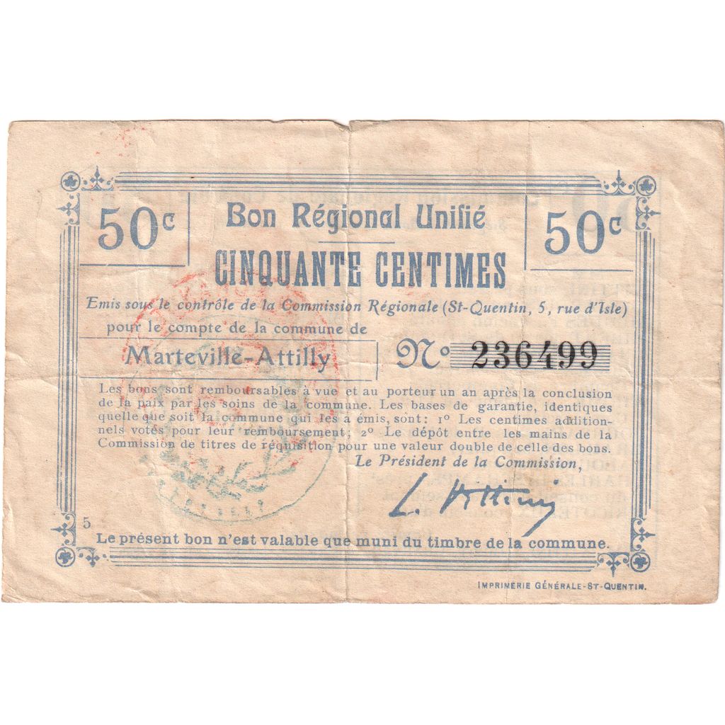 France, Marteville-Attilly, 50 Centimes, 236499, VF(20-25)