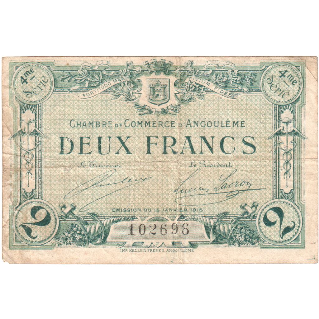 France, 2 Francs, 1915-01-15, SERIE 4, Angoulême, VF(20-25)