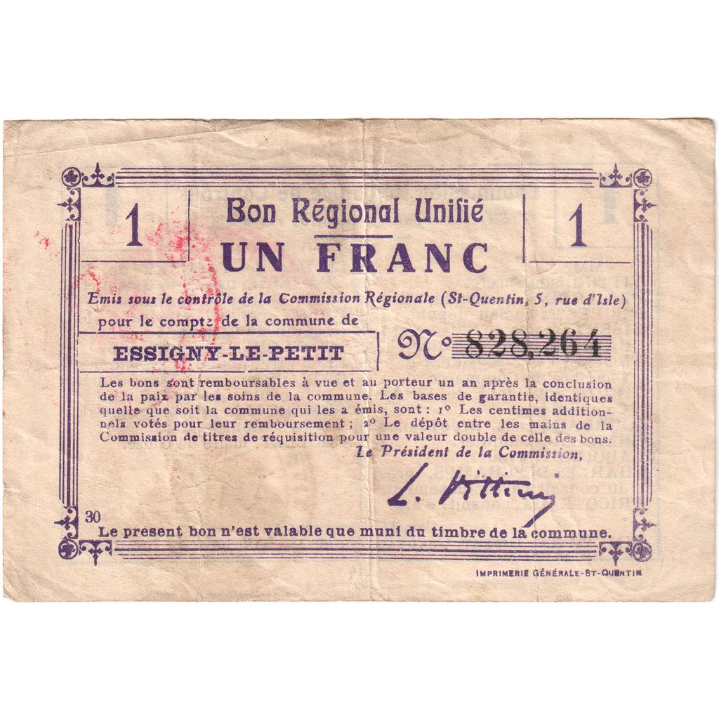 France, Essigny le petit, 1 Franc, 828264, VF(30-35)