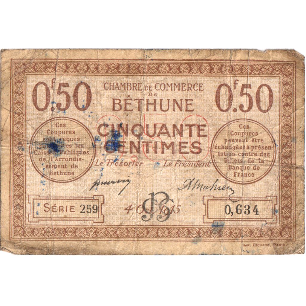 France, Béthune, 50 Centimes, 1915-10-04, SERIE 259, VF(20-25)