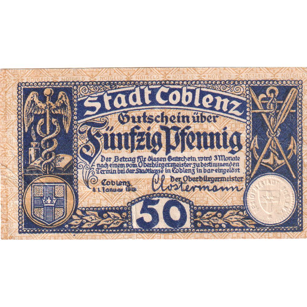 Germany, Coblenz Stadt, 50 Pfennig, 1919-01-01, VF(30-35)