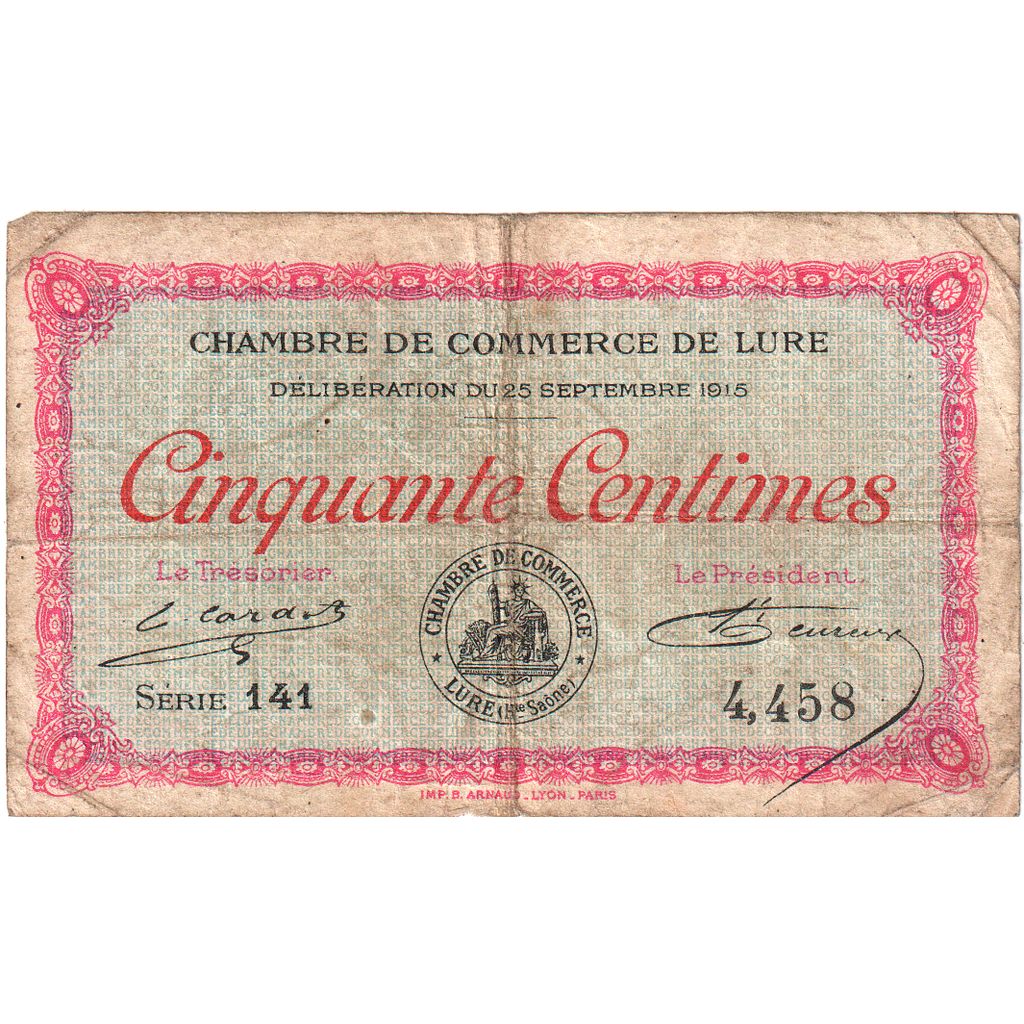 France, Lure, 50 Centimes, 1915-09-25, Chambre de Commerce, VF(20-25)