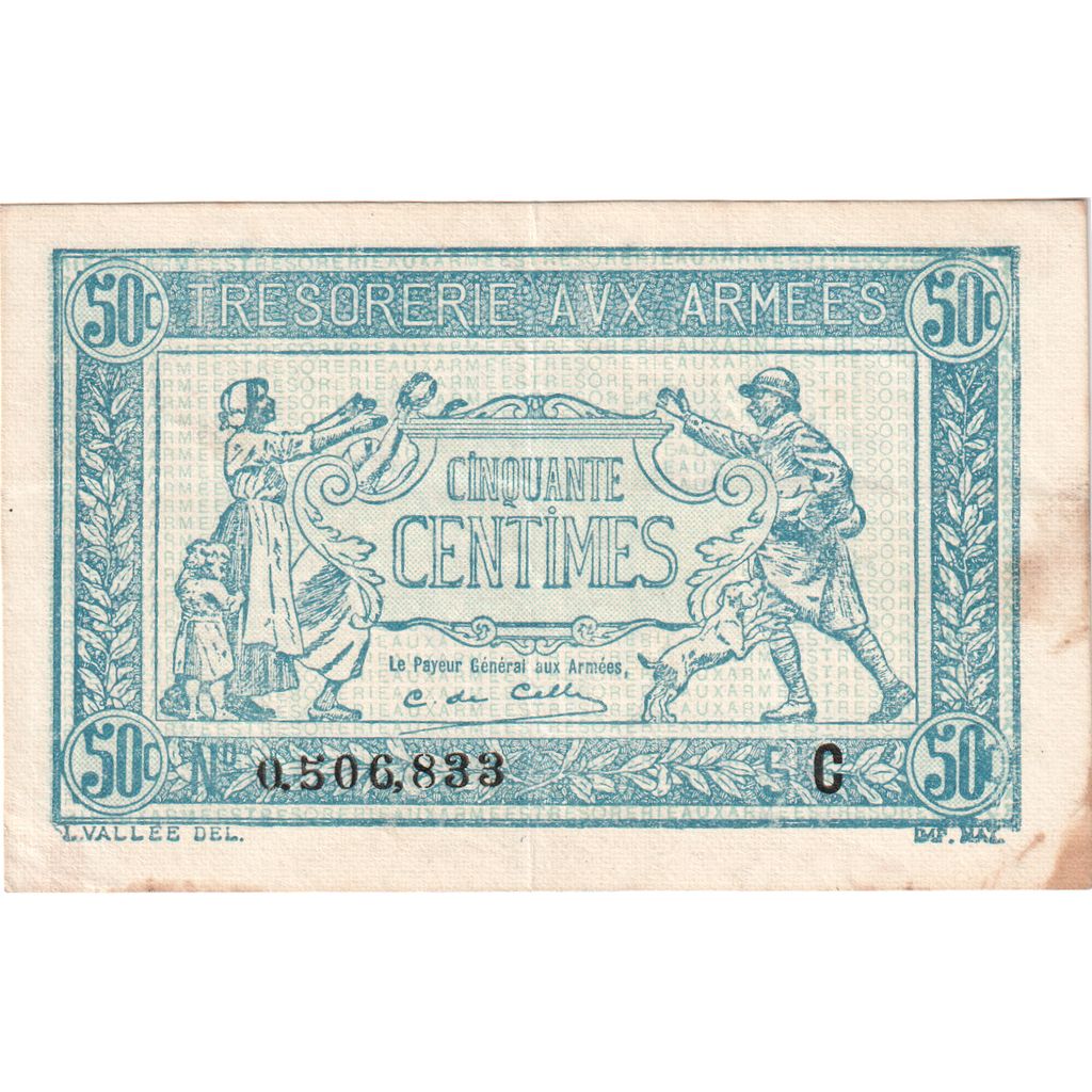 Francja, 50 Centimes, 1917-1919 Army Treasury, SERIE C, AU(55-58)
