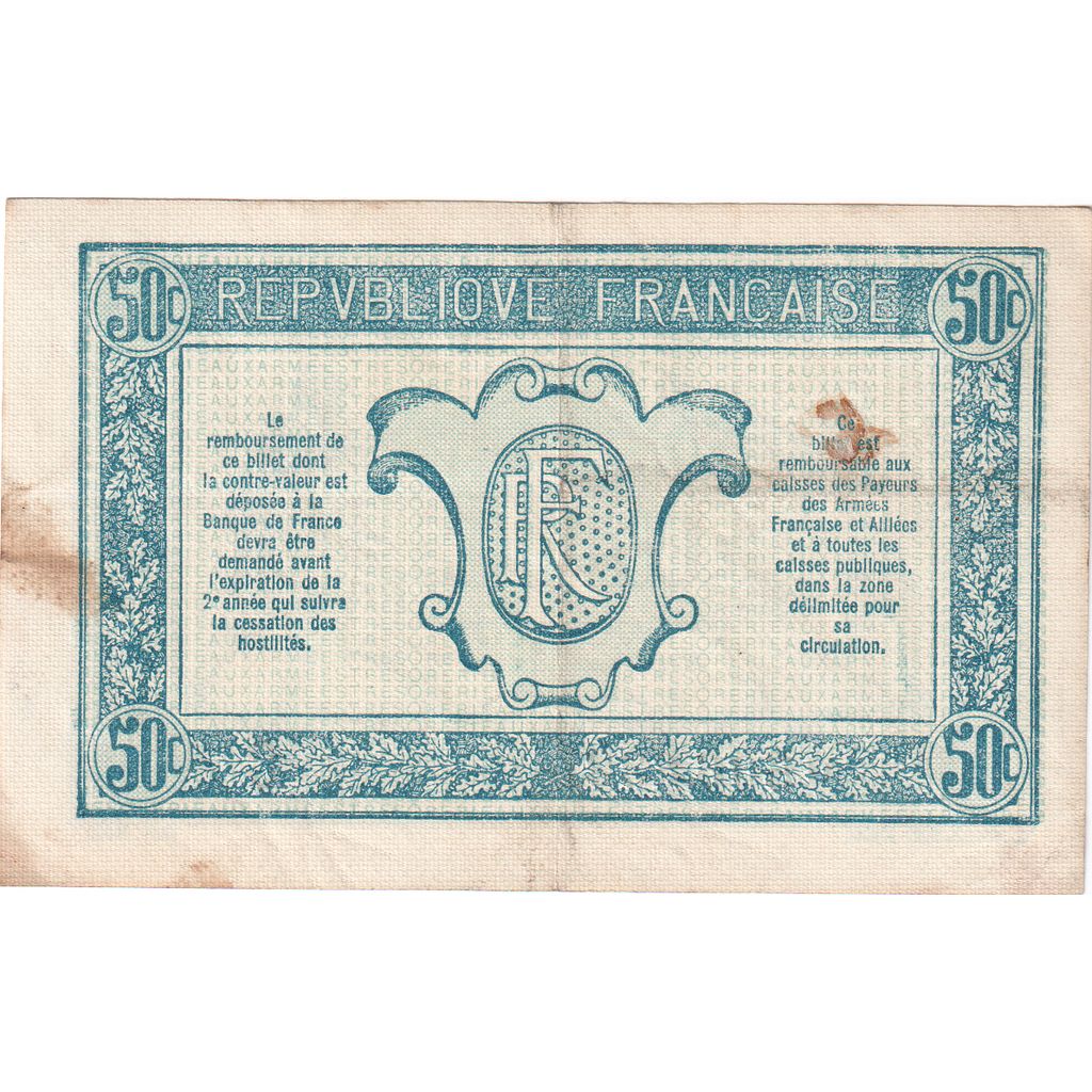 Francja, 50 Centimes, 1917-1919 Army Treasury, SERIE C, AU(55-58)