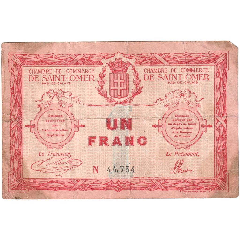Francja, Saint-Omer, 1 Franc, 1914-08-14, VF(30-35), Pirot:115-4