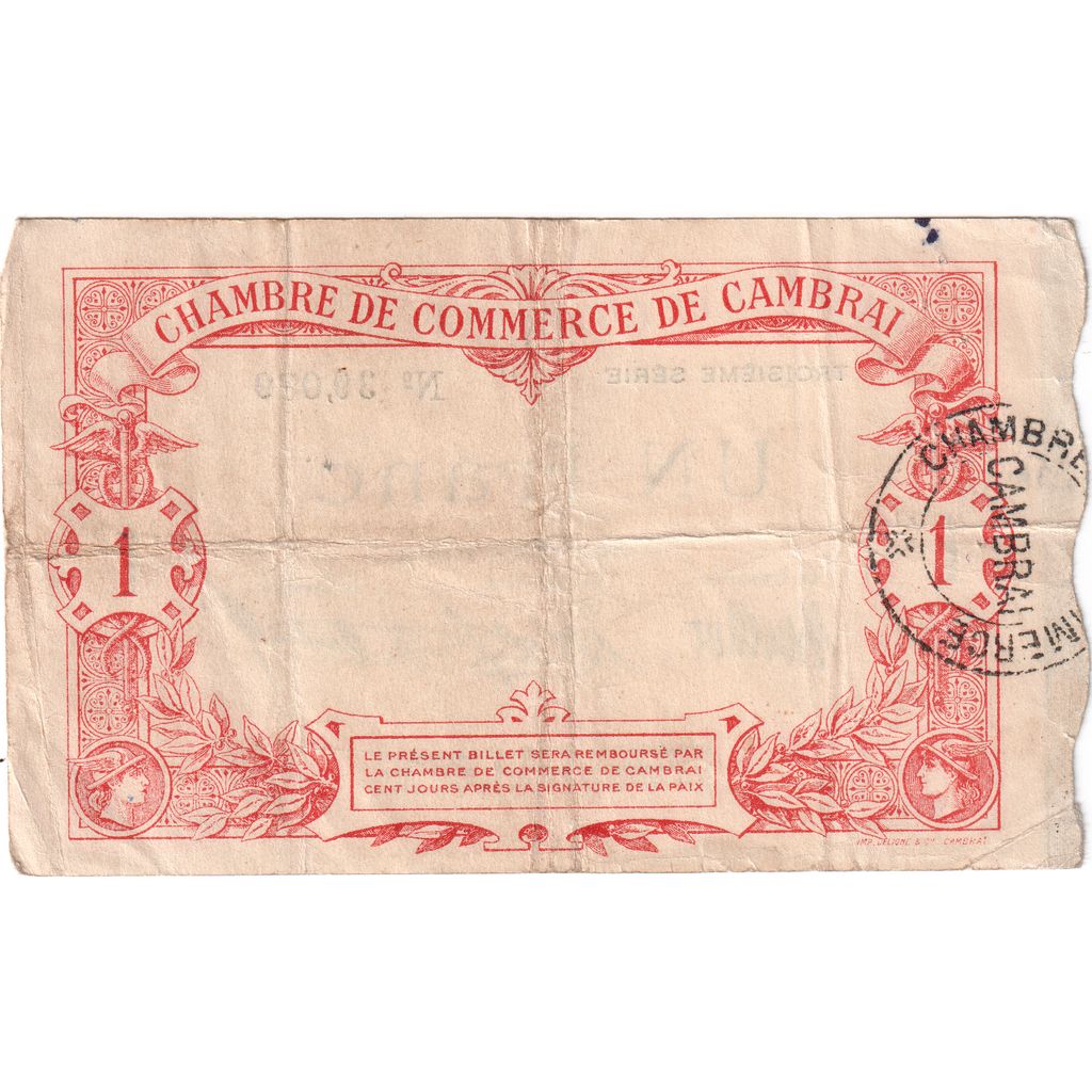 Francja, Cambrai, 1 Franc, 1914-09-15, 39079, VF(30-35), Pirot:37-21