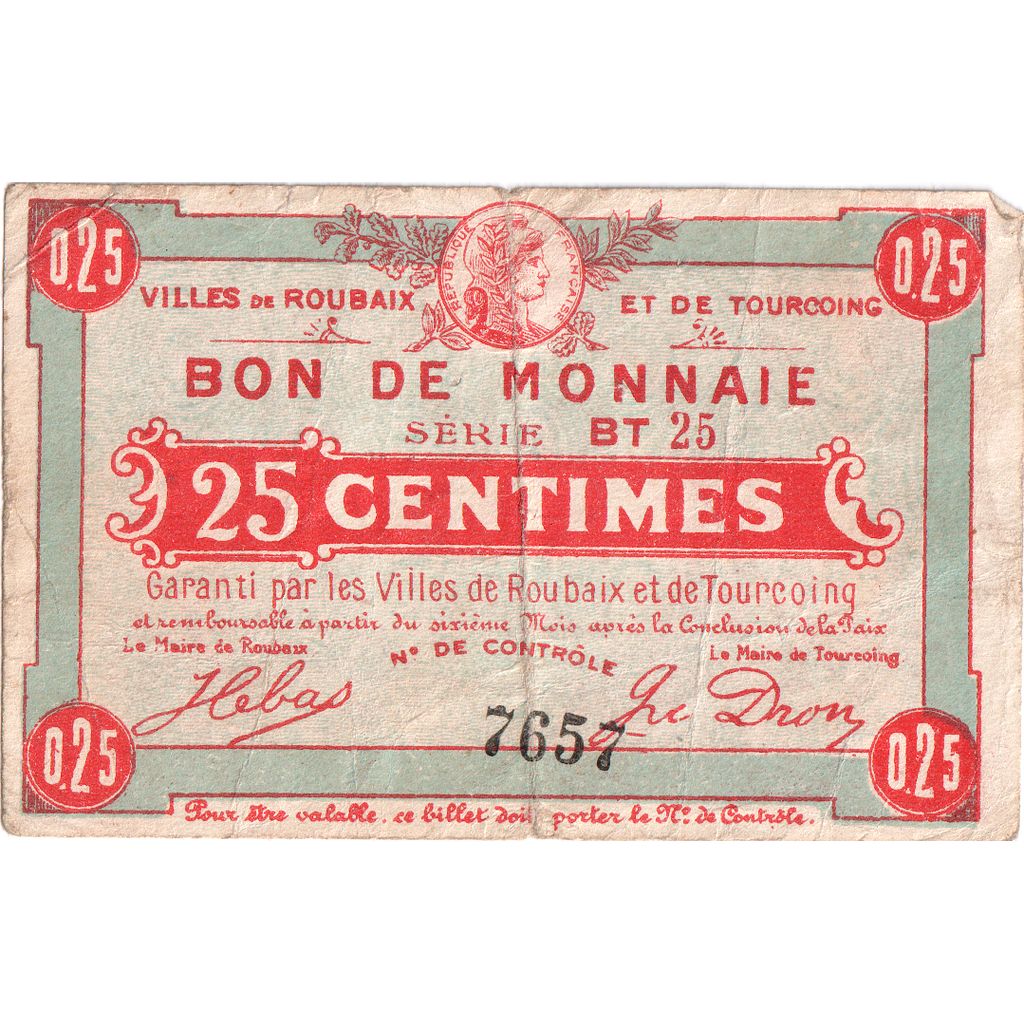 Francja, ROUBAIX et TOURCOING, 25 Centimes, VF(20-25), Pirot:59-2052