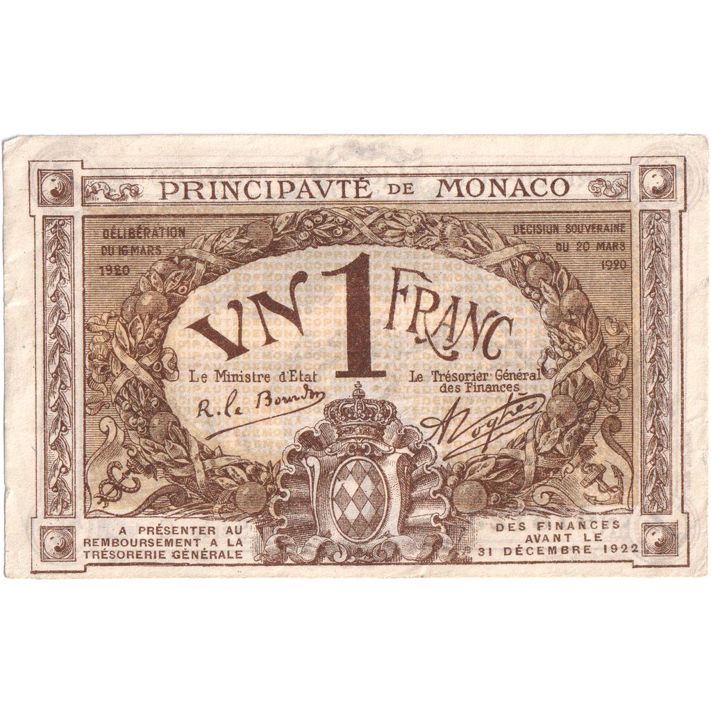 Monaco, 1 Franc, 1920-03-20, SUP