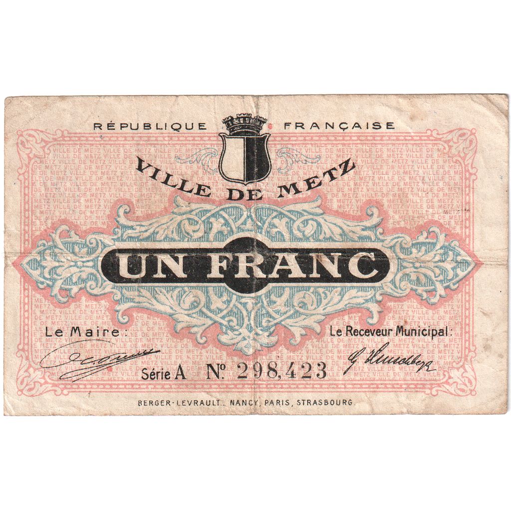 Francja, Metz, 1 Franc, 1918-12-27, Serie A, VF(20-25), Pirot:131-4