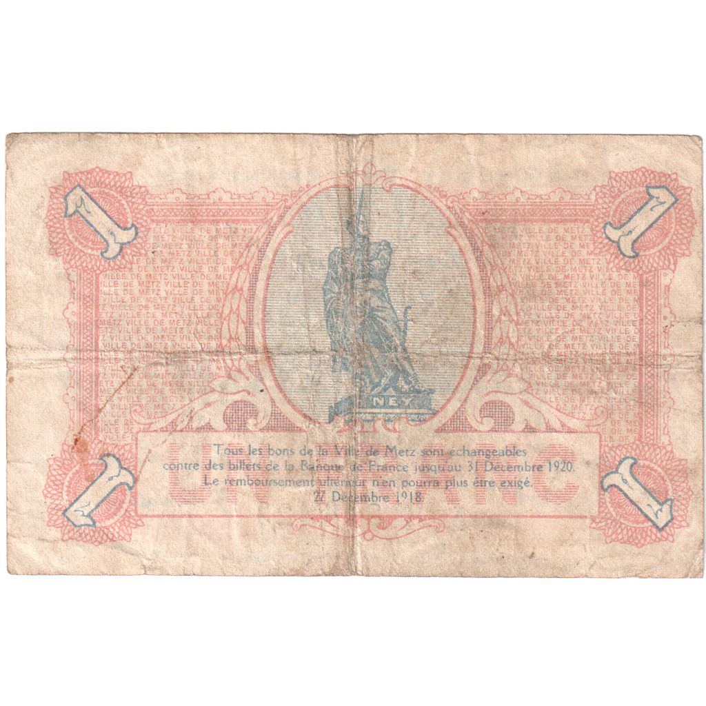 Francja, Metz, 1 Franc, 1918-12-27, Serie A, VF(20-25), Pirot:131-4