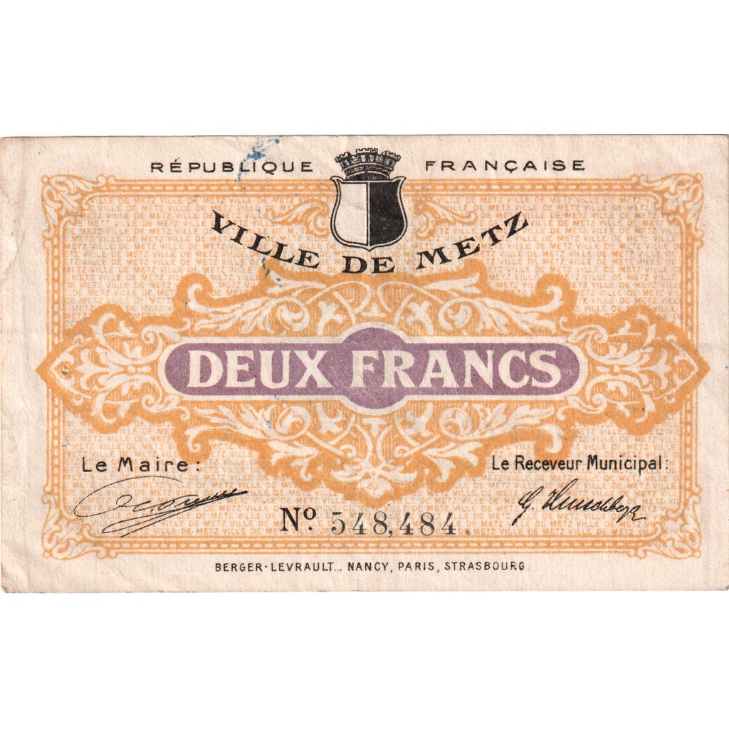 Francja, Metz, 2 Francs, 1918-12-27, VF(20-25), Pirot:131-6