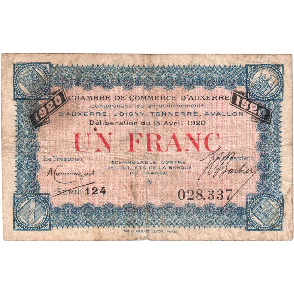 Francja, Auxerre, 1 Franc, 1920-04-15, Serie 124, VF(20-25), Pirot:17-19