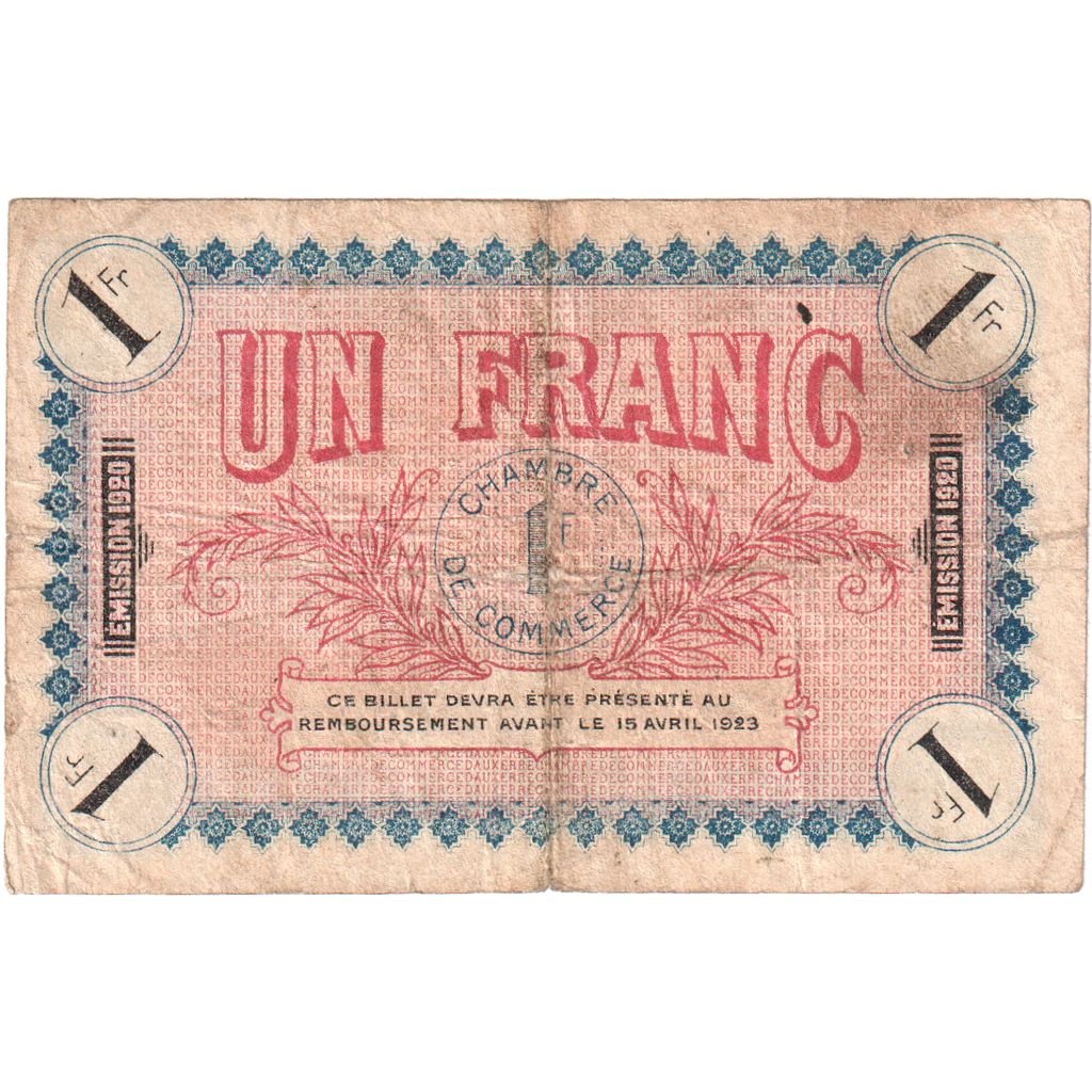Francja, Auxerre, 1 Franc, 1920-04-15, Serie 124, VF(20-25), Pirot:17-19