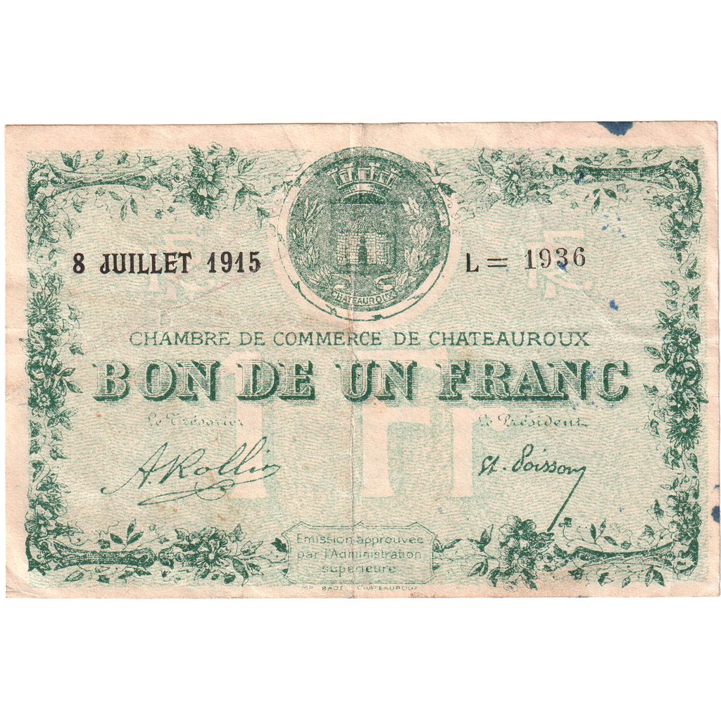 Francja, Chateauroux, 1 Franc, 1915-07-08, Série L, VF(30-35), Pirot:46-2
