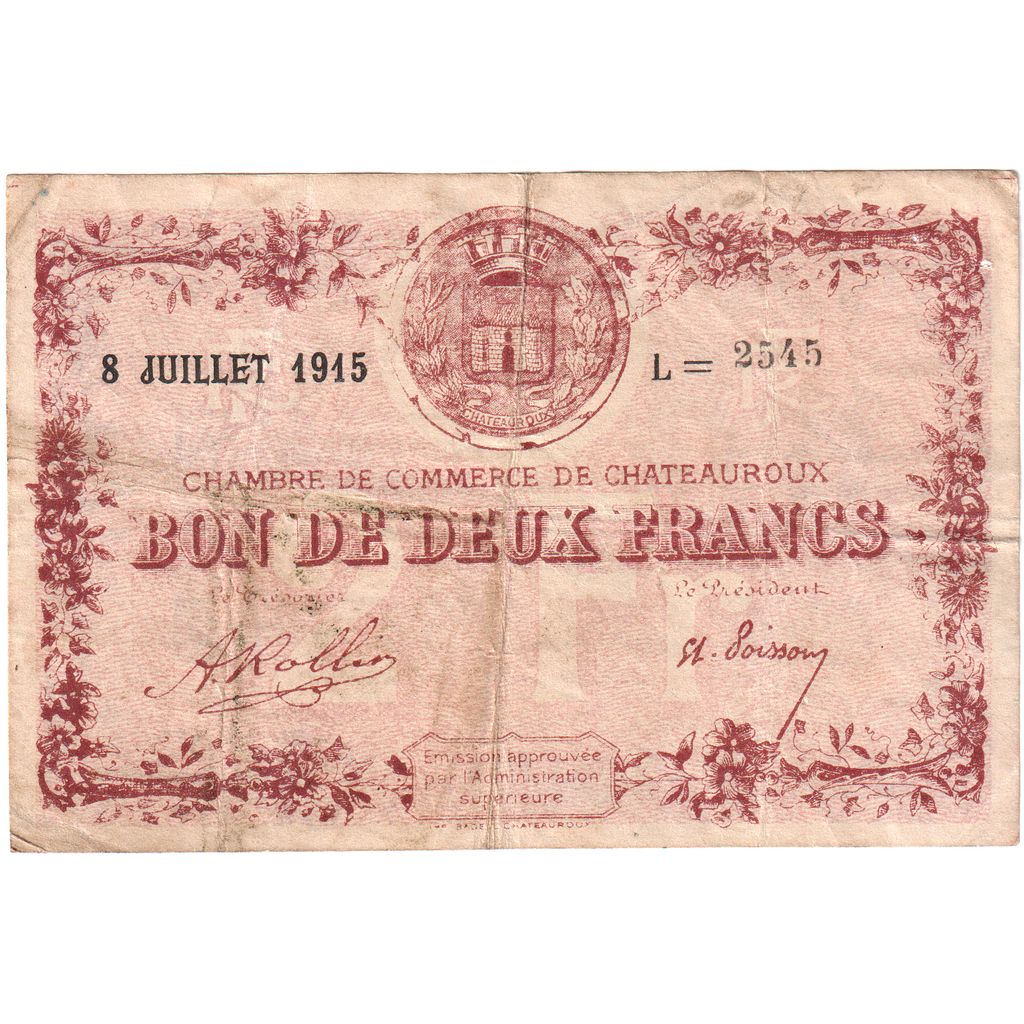Francja, Chateauroux, 2 Francs, 1915-07-08, Série L, VF(20-25), Pirot:46-4