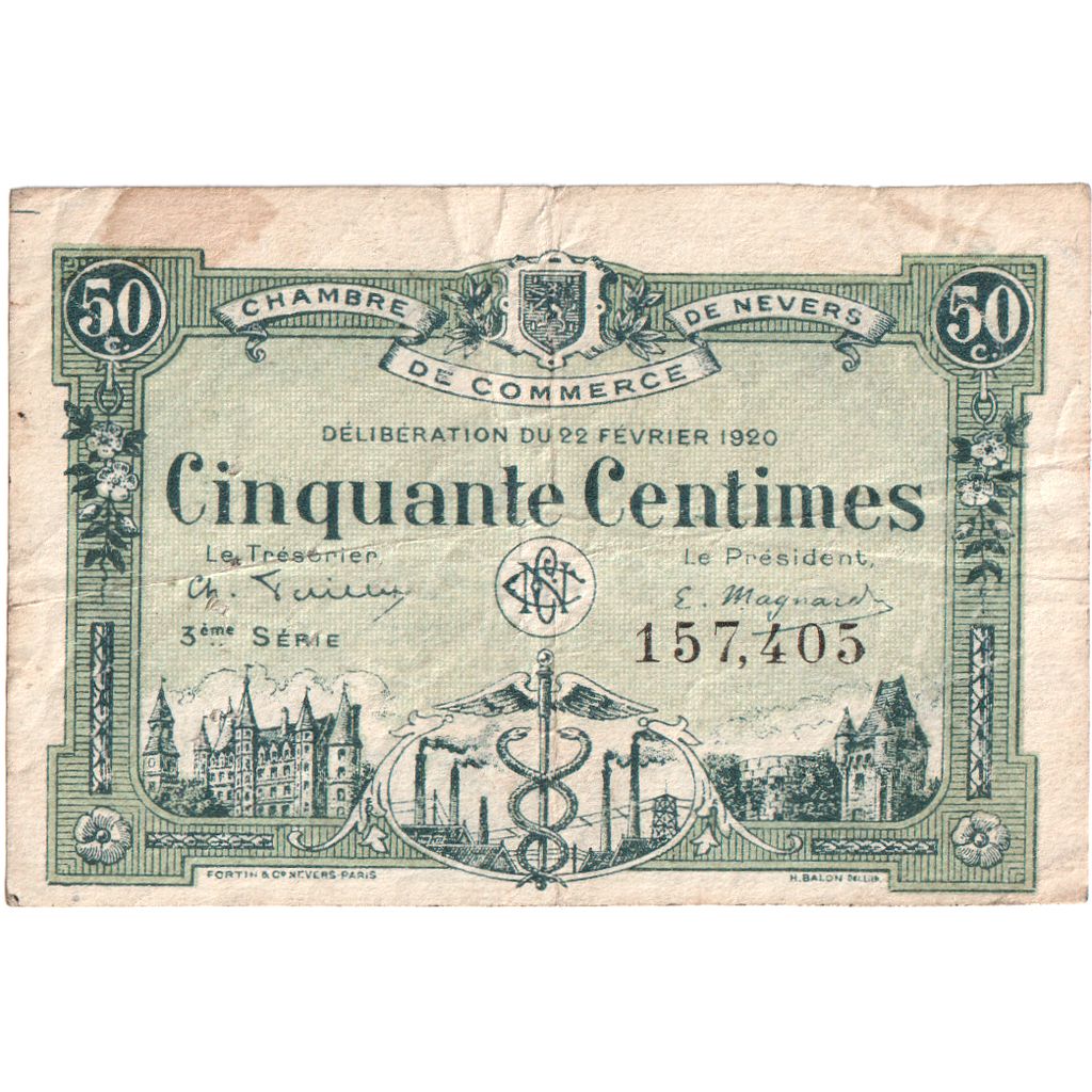 Francja, Nevers, 50 Centimes, 1920-02-22, 3ÉME SERIE, VF(30-35), Pirot:90-18