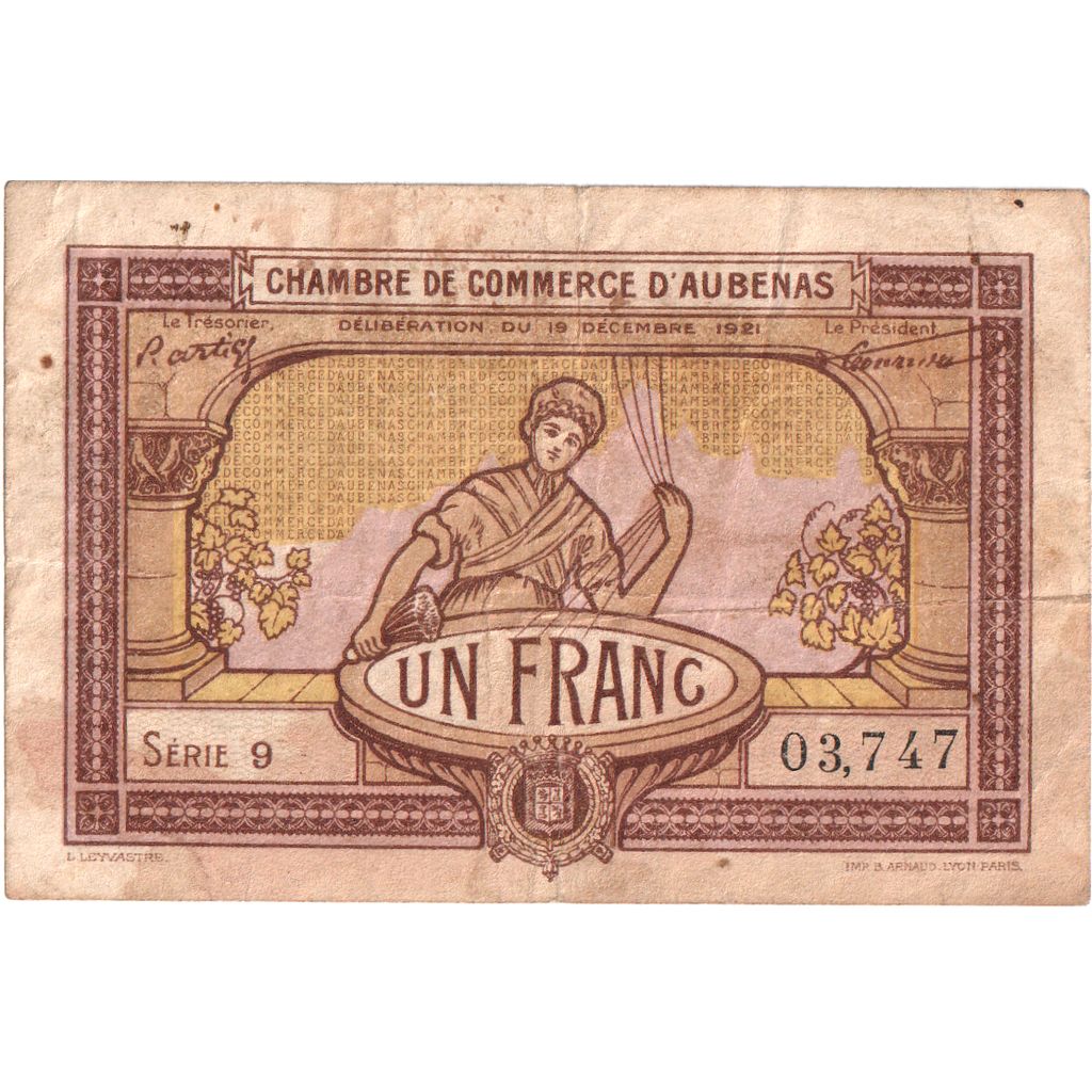 Francja, Aubenas, 1 Franc, 1921-12-19, Série 9, VF(20-25), Pirot:14-2