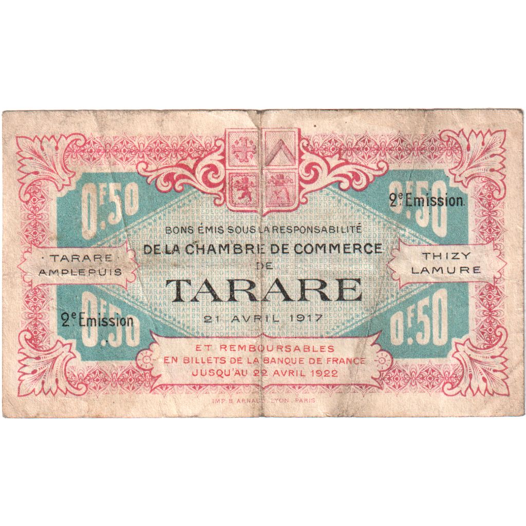 Francja, Tarare, 50 Centimes, 1917-04-21, VF(20-25), Pirot:119-27