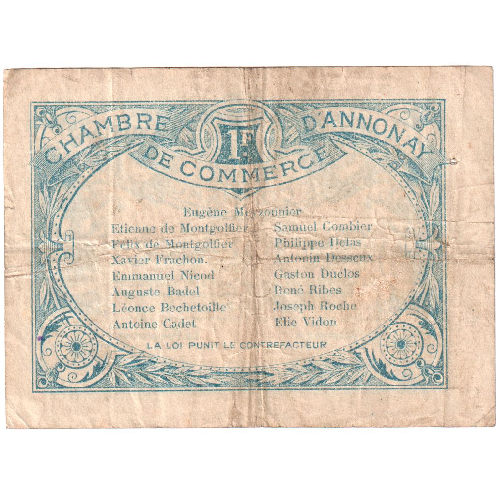 Francja, Annonay, 1 Franc, 1914-08-31, Chambre de Commerce, VF(20-25)