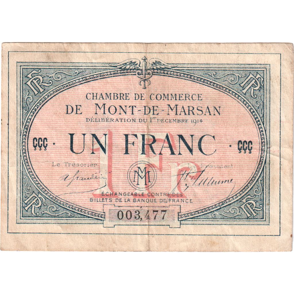 Francja, Mont-de-Marsan, 1 Franc, 1914-12-01, VF(30-35), Pirot:82-35