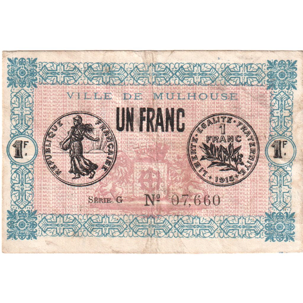 Francia, Mulhouse, 1 Franc, 1918-12-18, SERIE G, BC, Pirot:132-2