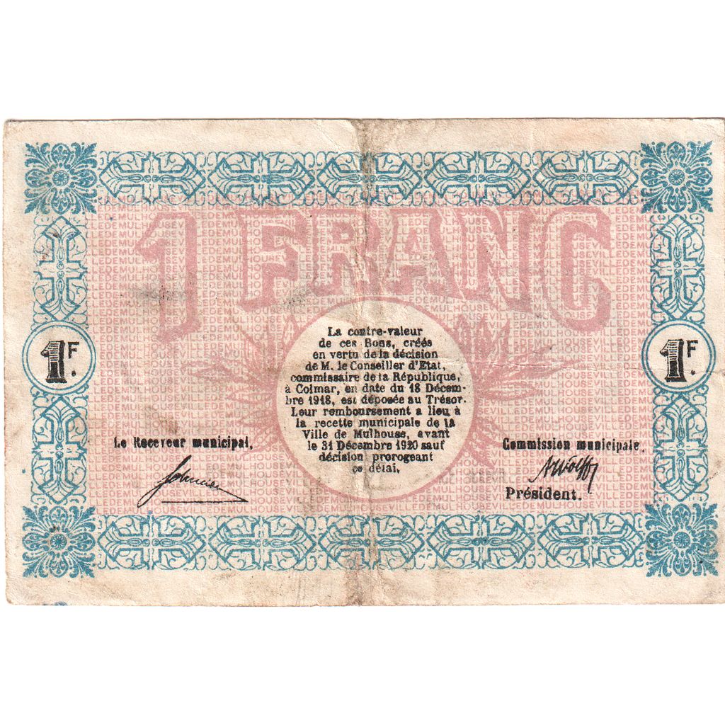 Francia, Mulhouse, 1 Franc, 1918-12-18, SERIE G, BC, Pirot:132-2