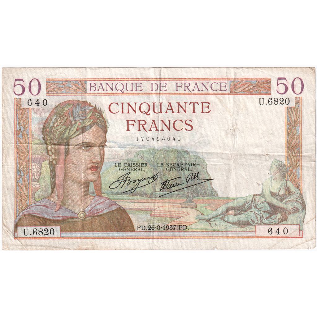 Frankreich, 50 Francs, Cérès, 1937-08-26, U.6820, SGE+