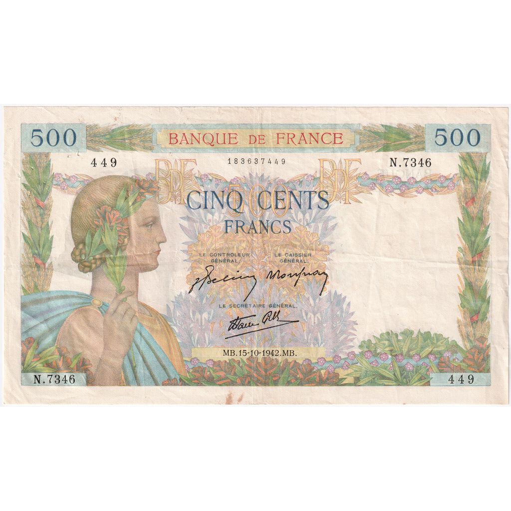 Frankreich, 500 Francs, La Paix, 1942-10-15, N.7346, S+