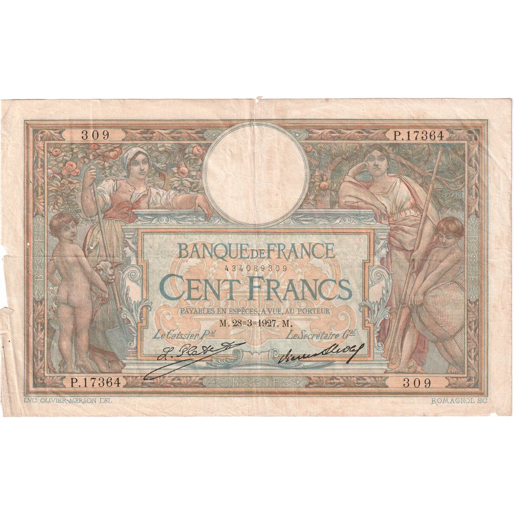 Francia, 100 Francs, Luc Olivier Merson, 1927-03-28, P.17364, B+