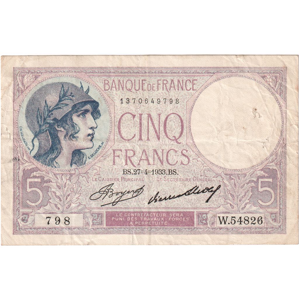 Frankreich, 5 Francs, Violet, 1933-04-27, W.54826, S+
