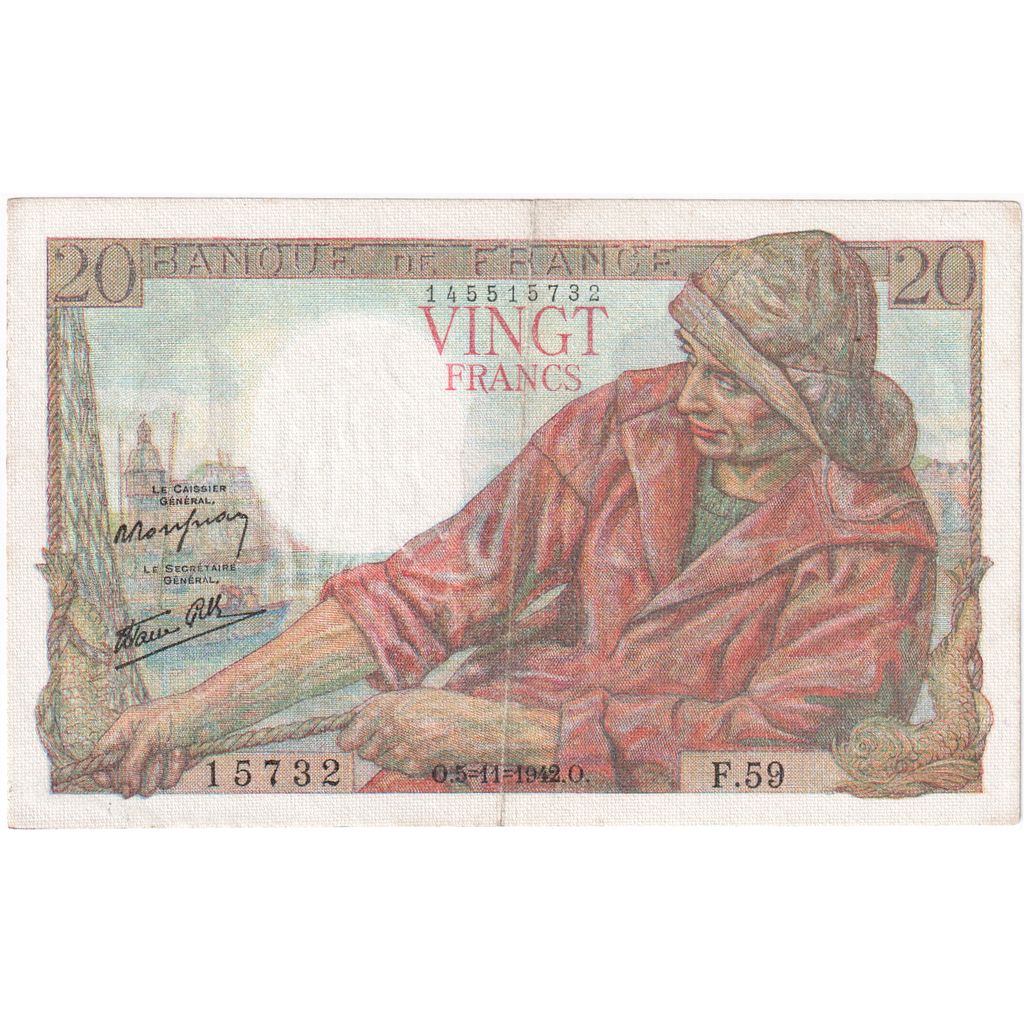 France, 20 Francs, Pêcheur, 1942-11-05, F.59, EF(40-45)