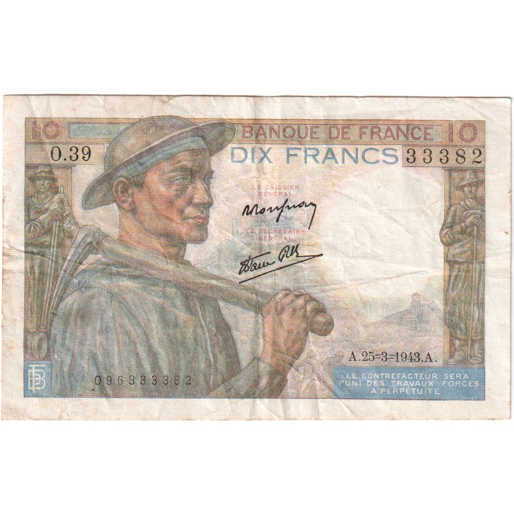 Francia, 10 Francs, Mineur, 1943-03-25, O.39, BC+