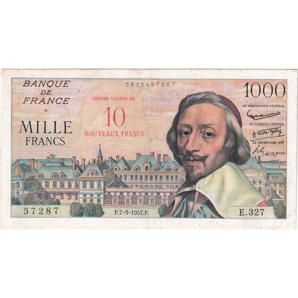 Frankreich, 10 Nouveaux Francs on 1000 Francs, Richelieu, 1957-03-07, E.327, S+